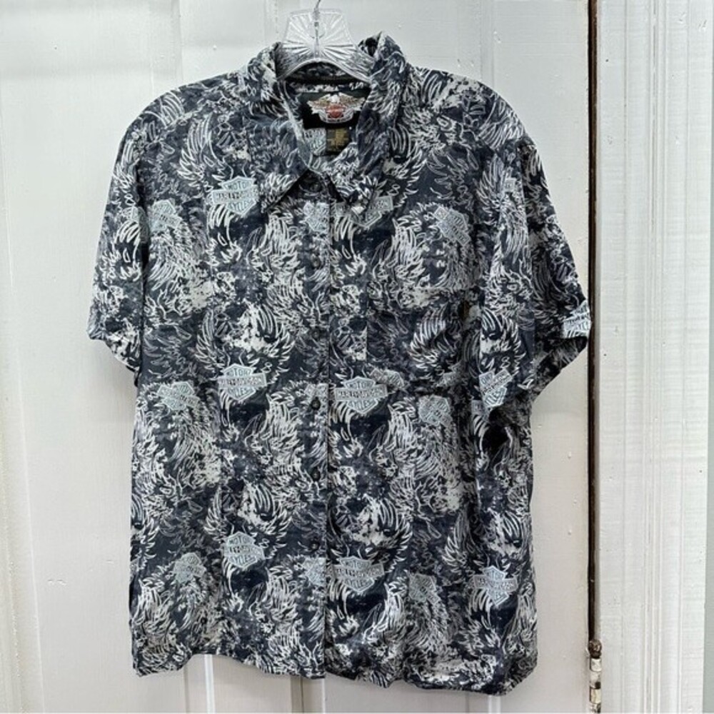 Harley Davidson Womens Large Shirt Button Down Short Sleeve Eagle Print Black L